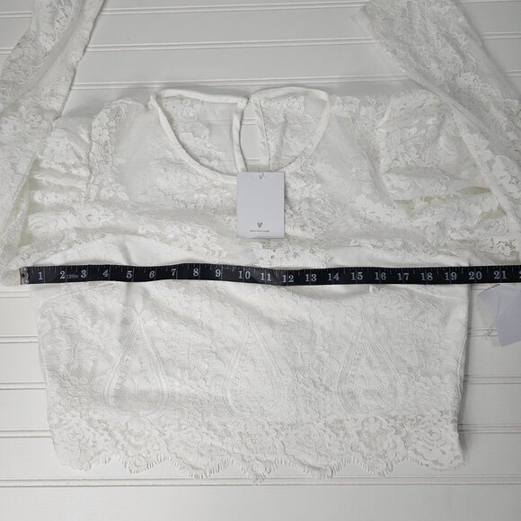 Lulus Women's Ivory Lace Long Puff Sleeve Cropped Blouse Size XL NWT - Picture 12 of 15